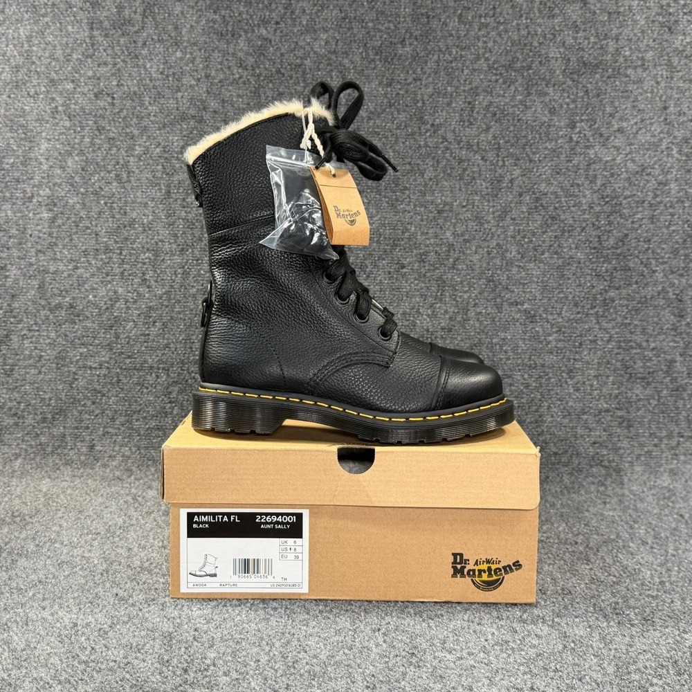 Dr. Martens Aimilita Faux Fur Lined High Boot Women 8 Black Leather Retro Combat